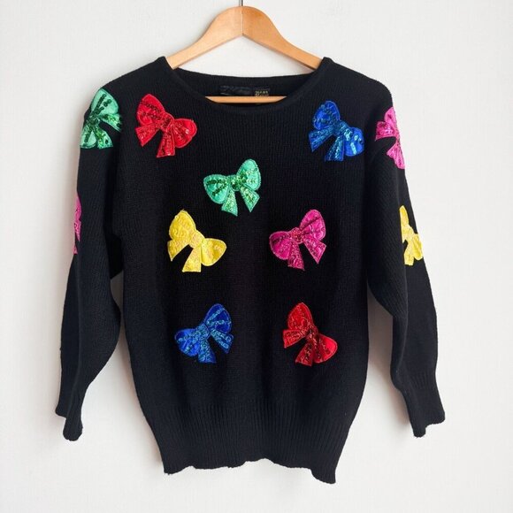 Vintage Smart Set Black Colourful Bow Sequin Holiday Sweater S - Picture 1 of 8